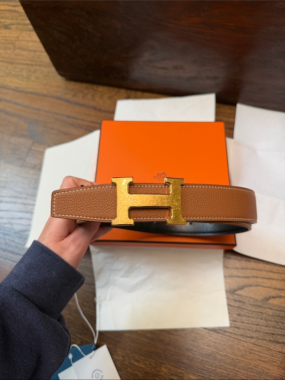 Hermes Brown Leather Belt with Gold H Buckle